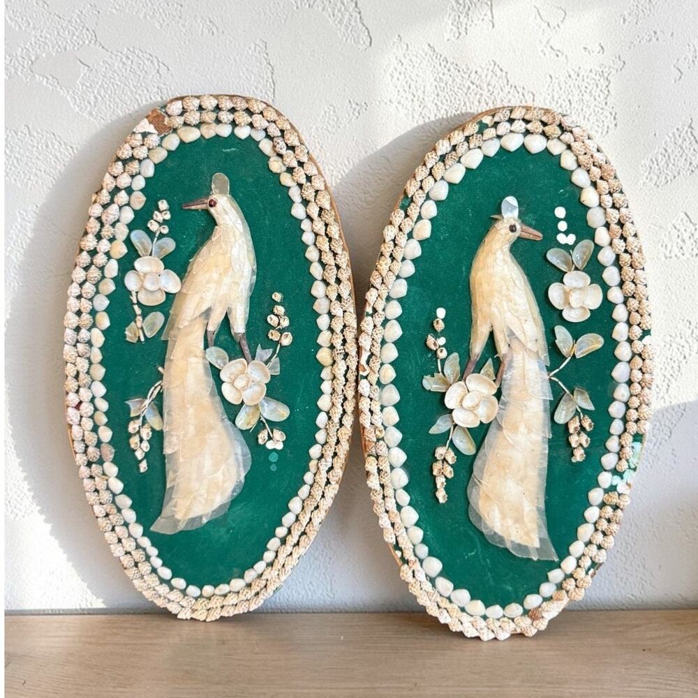 Vintage MCM Seashell Peacock Wall Plaques Pair 16” Boho Coastal Shell Art